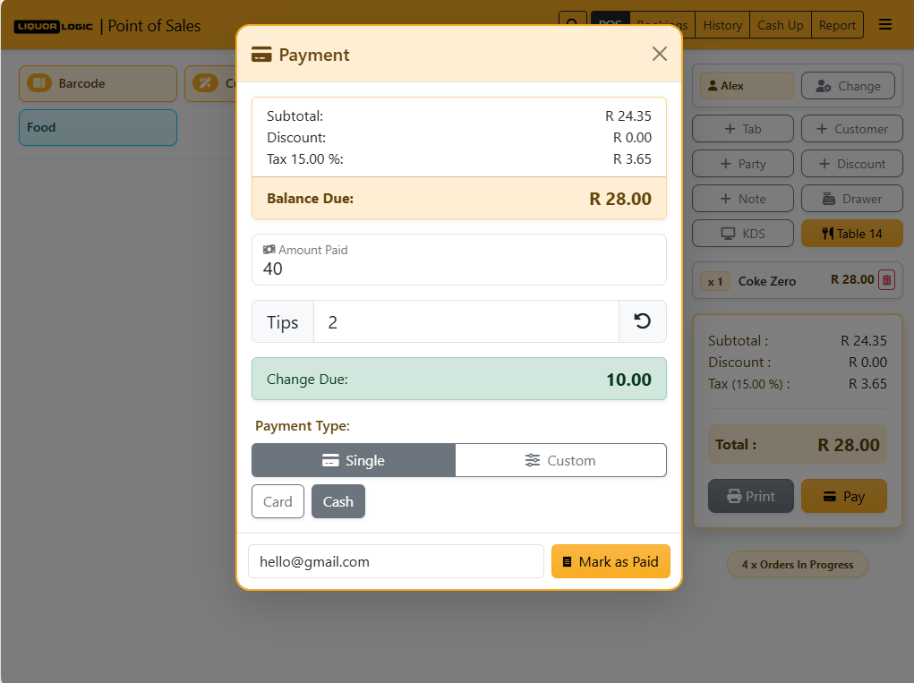 Liquor Logic liquor store POS — barcode-driven checkout screen for bottle stores